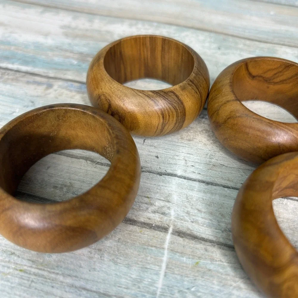 Vintage Bohemian Wooden Round Napkin Rings Natural Brown Table Setting Boho MCM